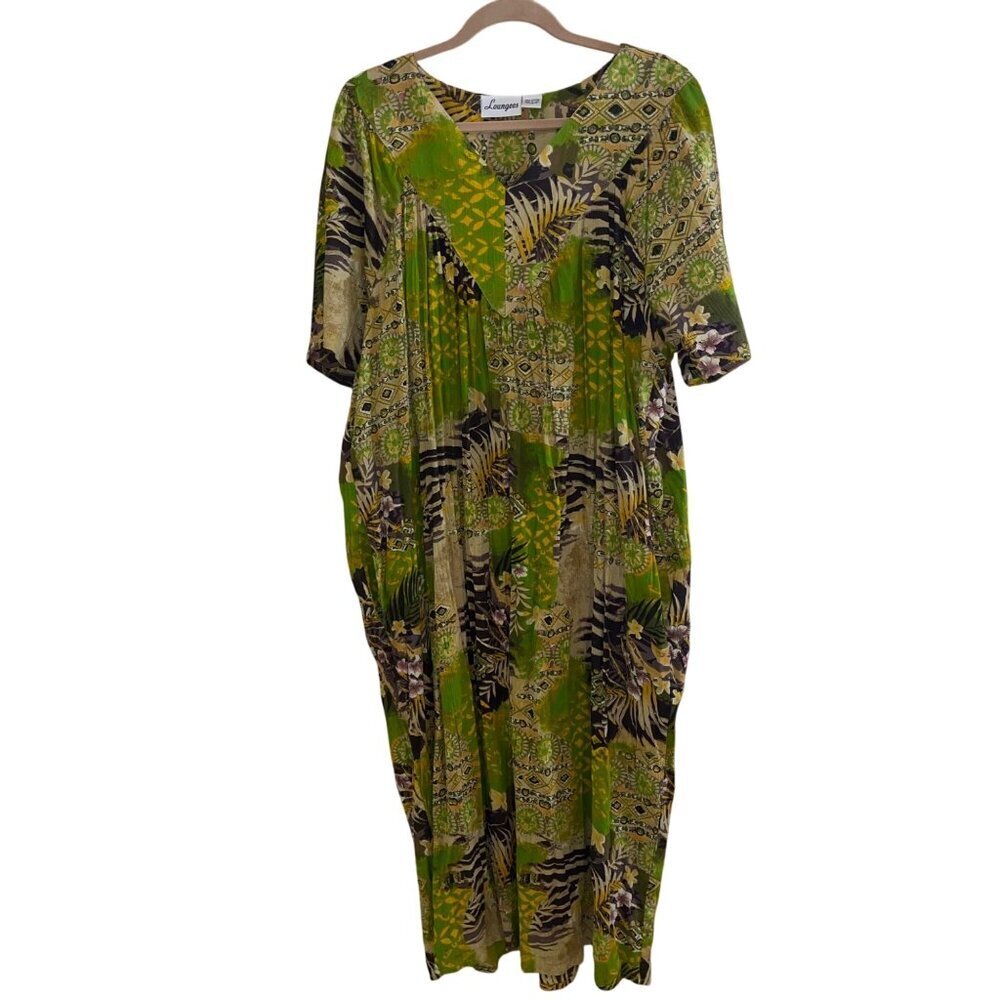 Loungees Vintage Womens Dress Size XL Green Floral Maxi V Neck Pure Cotton